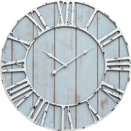 EMAX HOME 24 Coastal Farmhouse Wood Wall Clock, Rustic Roman Numeral Round