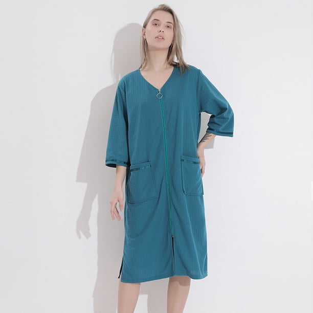 Camisón fino de primavera y verano para mujer, pijama de largo medio con cremallera, ropa de casa para mujer con sobrepeso, toalla de baño para mujer