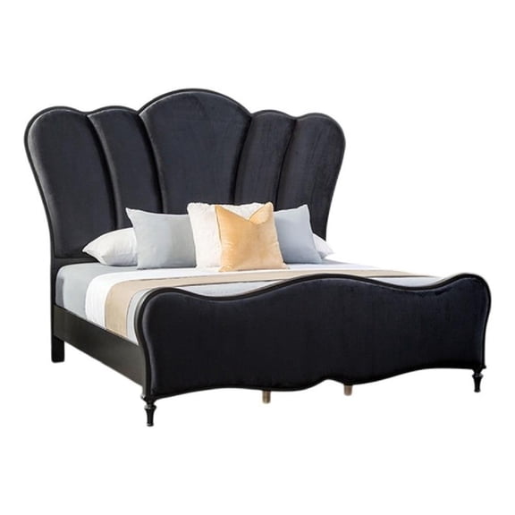 Eleena King Bed-Scalloped Padded Channel Tufting-Black Upholstery