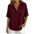 thumbnail image 4 of Naotn Summer Shirts for Women Fashion Casual Loose Fit Solid Color Snap Button Lapel Neck Short Sleeve Tops Trendy Vacation Beach Blouses, 4 of 7