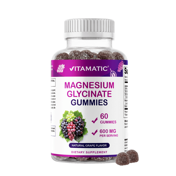 Vitamatic Magnesium Glycinate Gummies 600 mg per Serving – 60 Ct – Natural Grape Flavor – Non-GMO, Gluten Free