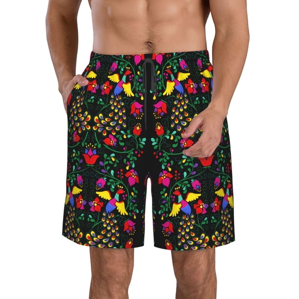 Balery Mexican Flower 2 Traje de Baño Estilo Hawaiano para Hombre, Shorts de Secado Rápido con Bolsillos-Large