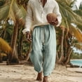 thumbnail image 3 of Mens Casual Big and Tall Cotton Linen Harem Pants Baggy Elastic Drawstring Waist Beach Yoga Boho Pant Size S-3XL Green, 3 of 7