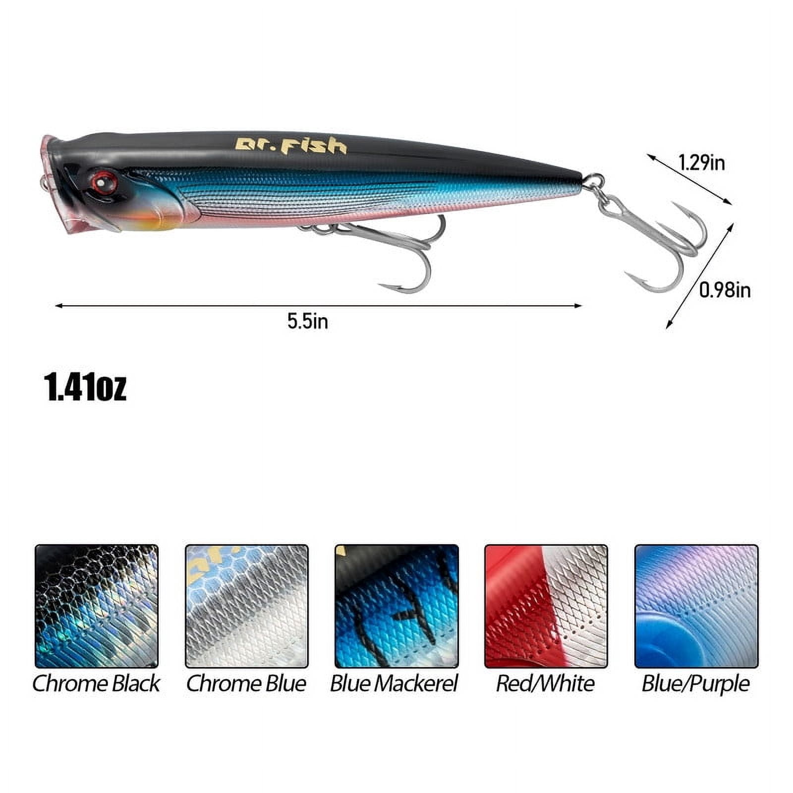 Dr.Fish Popper Saltwater Fishing Lures, 5.5 Inches GT Popper VMC Treble Hooks Surf Fishing Lures for Striper Pike Salmon Lures Bass Popper Fishing Plugs Offshore