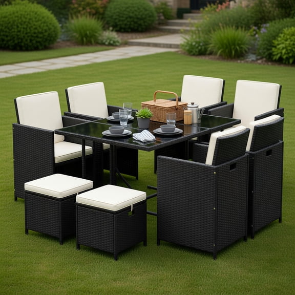 Topcobe 11 Piece Patio Dining Set Wicker Chairs and Tempered Glass Table with Waterproof Cushions, Outdoor Deck Furniture, White