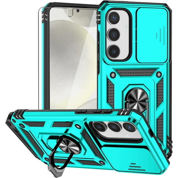 for Samsung Galaxy S25 Plus Case,with Camera Lens Cover HD Screen Protector,[Military Grade] Ring Car Mount Kickstand Hybrid Hard PC Soft TPU Shockproof Protective Case for Galaxy S25 Plus, Teal