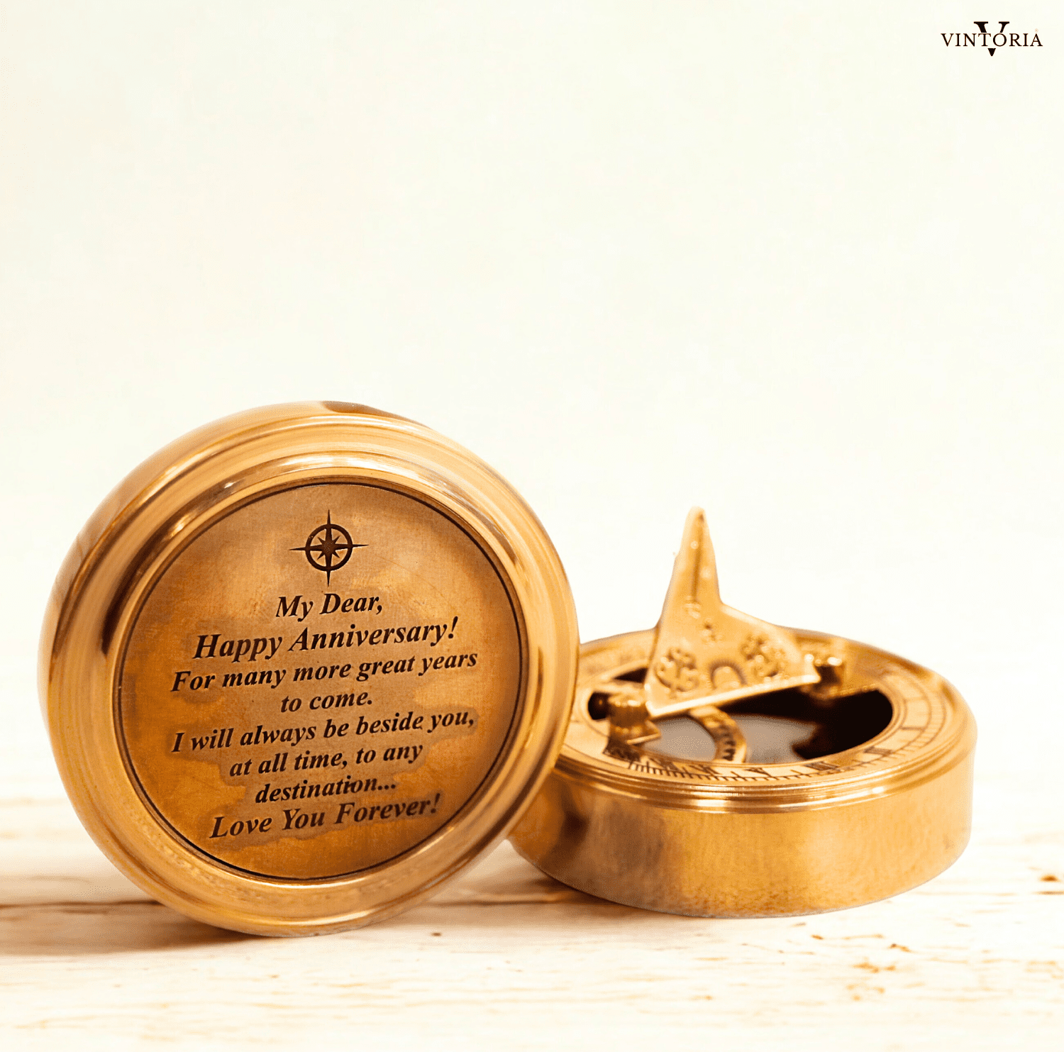 Brass Anniversary Sundial Compass with Wooden Box 2.5" Vintage Nautical Gift