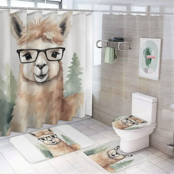 Cute Alpaca 4 Pcs Shower Curtain Set with Rug Bathroom Sets with Waterproof Fabric And Non-Slip Rugs Toilet Lid Cover Bath Mat Decor with Hooks