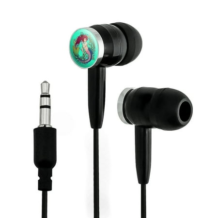 Act Headphones - Mermaid Holding Trident Circle Art Nouveau Kelp Novelty In-Ear Earbud Headphones - Black