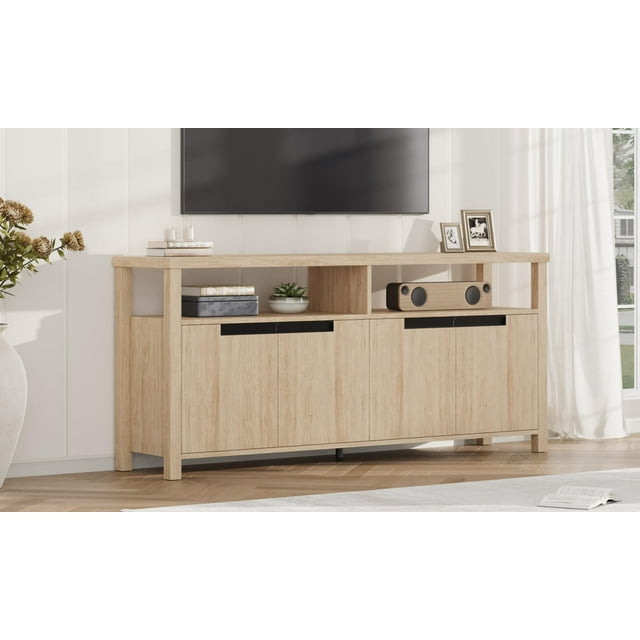 BeesClover Farmhouse TV Stand for TVs up to 70 Inch, 63 Inch Long Entertainment Center with 4 Door and Open Shelf, Rustic Television media Consoles Stands for living room, Bedroom