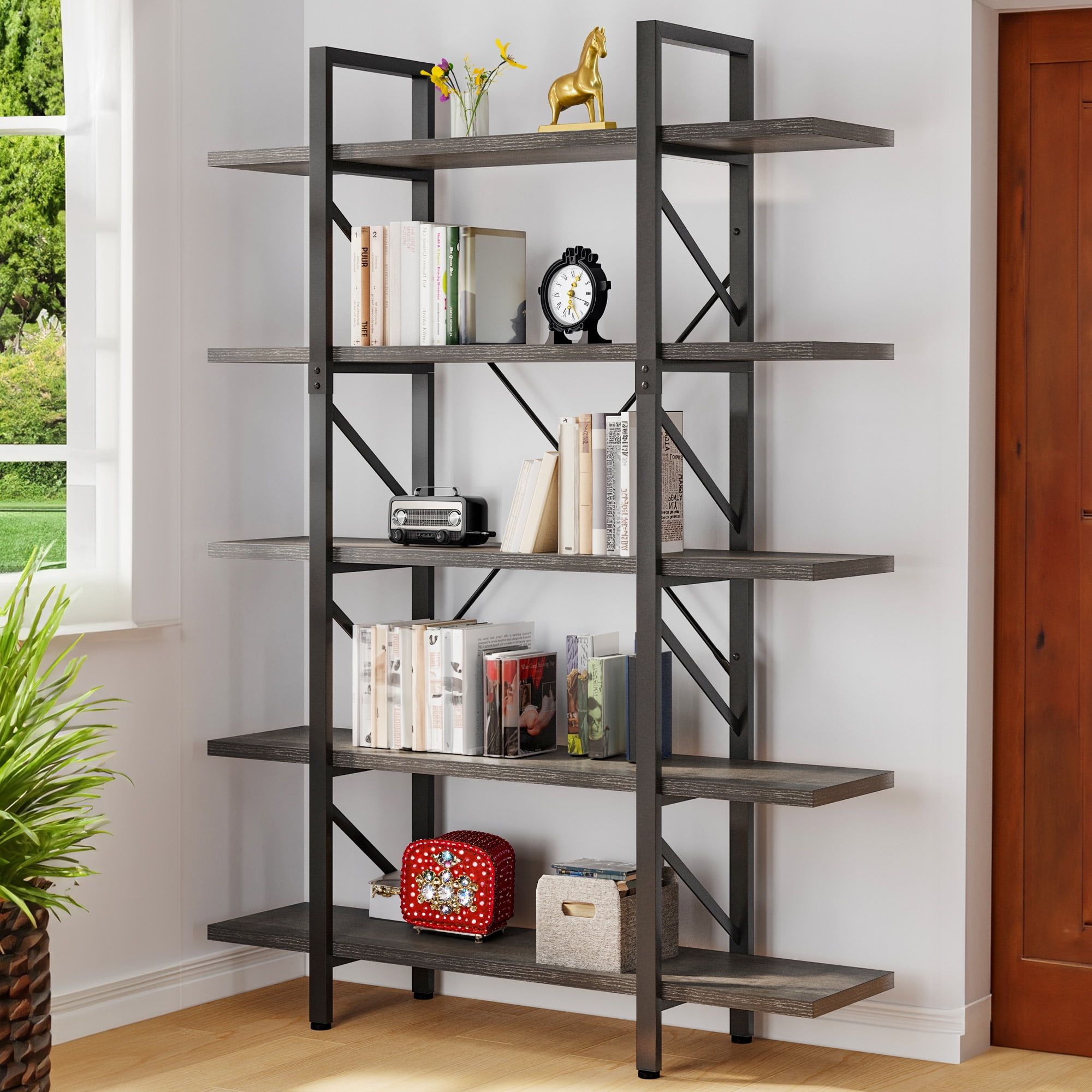 Homfa 62.2 Bookcase 5 Tier Iron Display Shelves for Office Living Room Vintage Brown Walmart