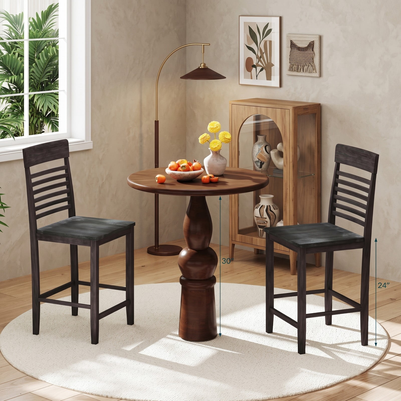 Furnibear Dining Chair Set of 2 with Footrests, Solid Rubber Wood Frame, Slatted Backrest Ergonomic Kitchen Side Chairs for Dining Room, Guest Room, 310 lbs, Gray
