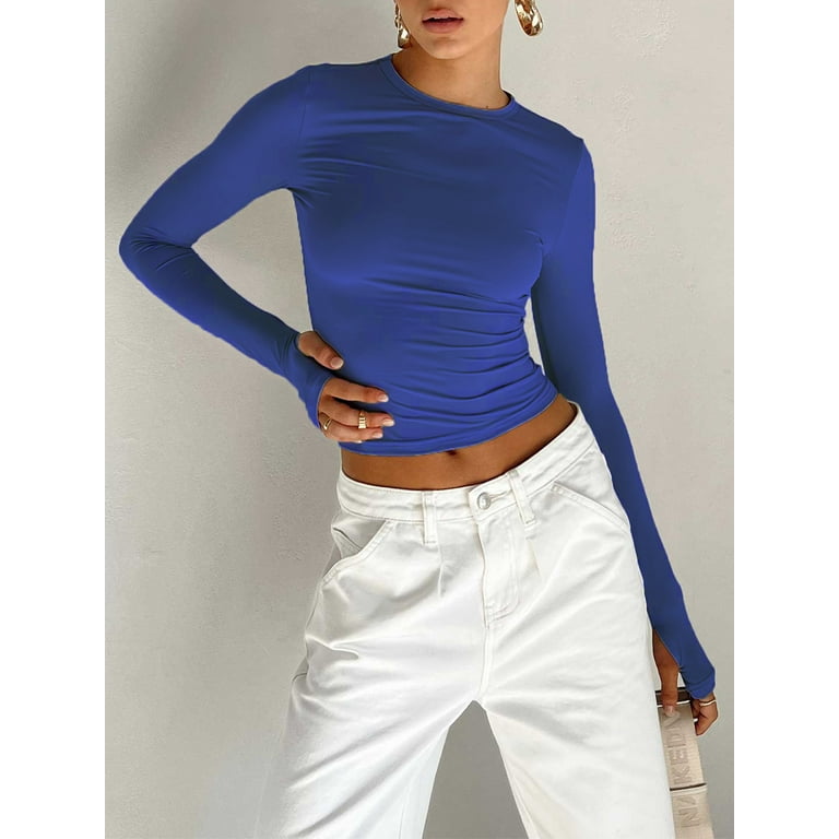 Women's Crew Neck Long Sleeve with Thumb Holes Basic Crop Tee Top