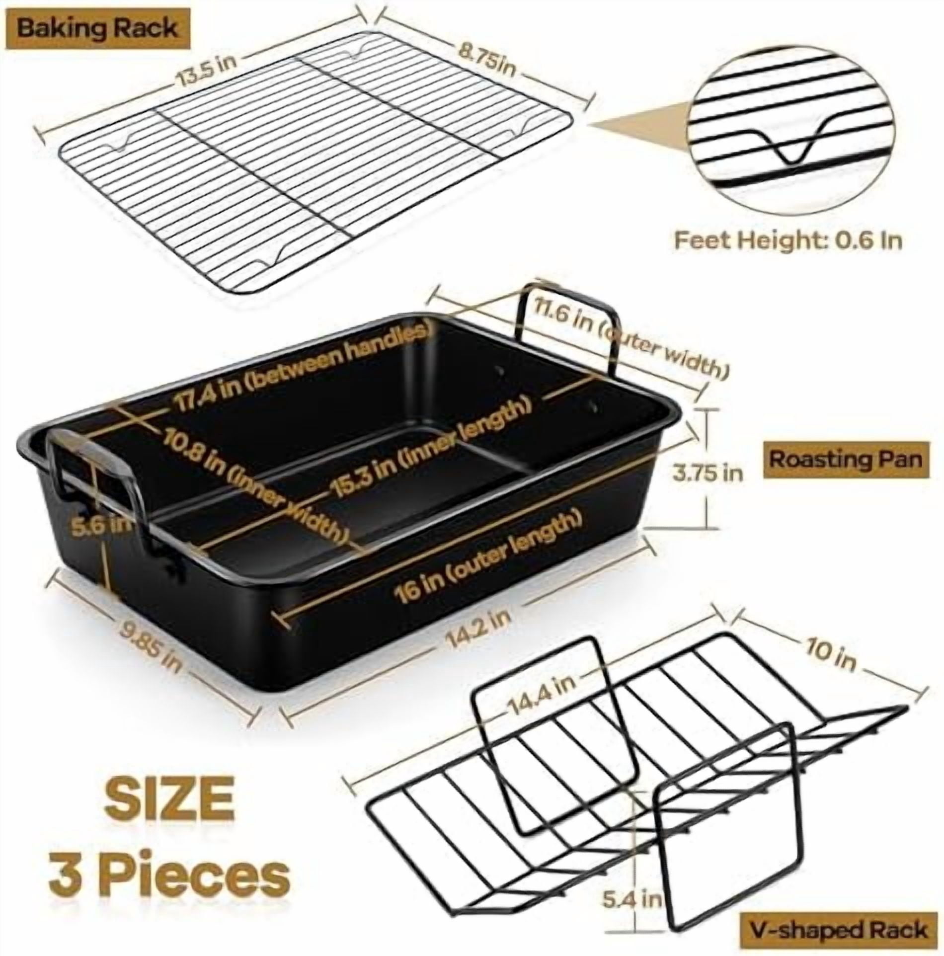 16" Roaster Roasting Pan with Baking Rack and V-shaped Rack, Stainless Steel Rectangular Lasagna Pan with Handles for Turkey Chicken, Healthy & Dishwasher Safe, 3 Pieces, Black