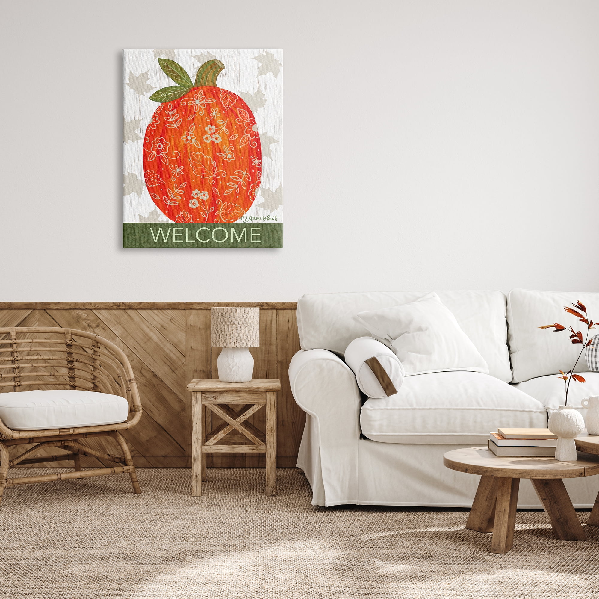 Stupell Industries Patterned Autumn Botanicals Pumpkin Welcome Sign Graphic Art Gallery Wrapped Canvas Print Wall Art, Design by Annie LaPoint