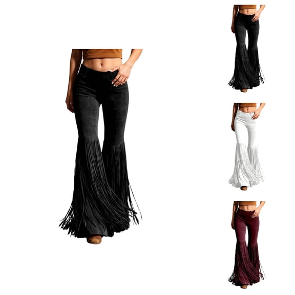 Fringe Pants for Women High Waisted Tassel Suede Trousers Casual Western Cowgirl Stretch Bodycon Flared Leggings Pants