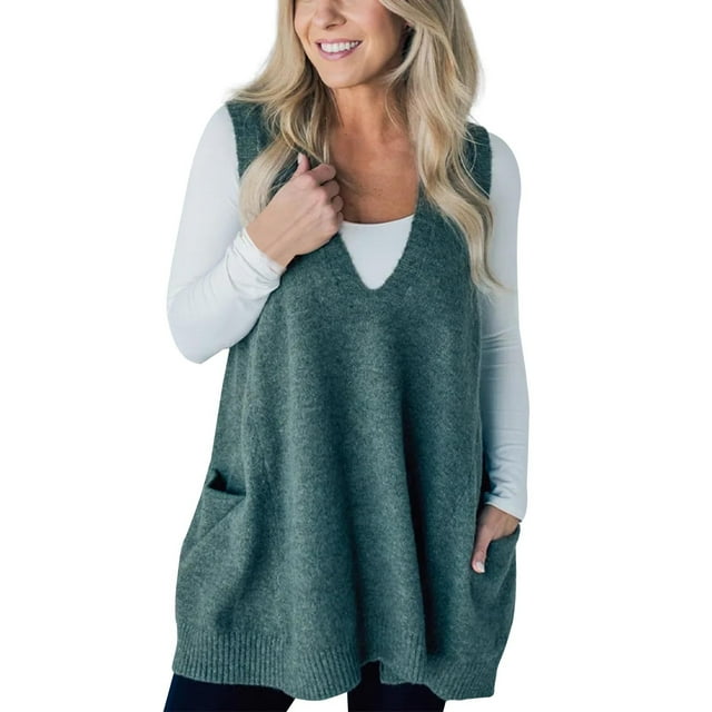 iHPH7 Gilet Chandail Femme Automne Mode Sans Manches Surdimensionné Vert TTG