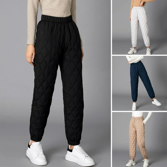 Women Winter Pants - Elastic High Waist Quilted Pants Diamond-shaped Texture Design Thickened Warm Sweatpants