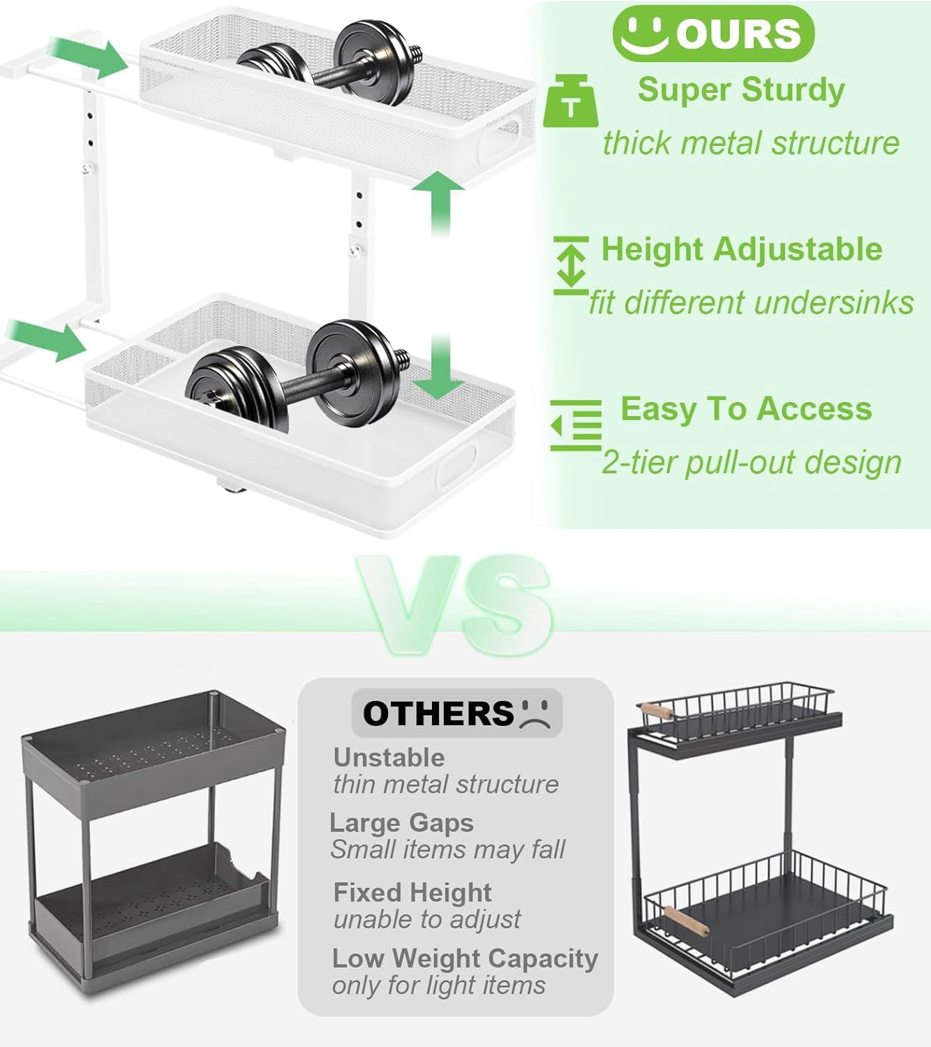 Under Sink Organizer 2 Pack, High Adjustable 2 Tier Under Sink Organizers and Storage, Slide out Metal Cabinet Organizers, Pull out Storage Drawer Shelf for Kitchen Bathroom Cabinet