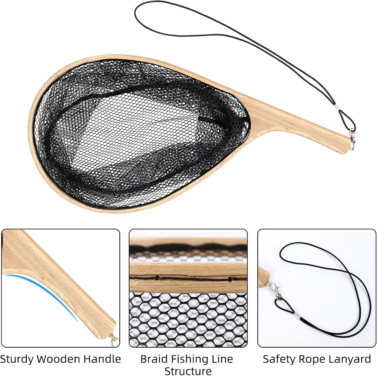 ATENOW Fly Fishing Landing Net Trout Fishing Net, Soft Rubber Catch and Release Fish Net with Wooden Handle Frame, 55.2*27.3*1.8cm