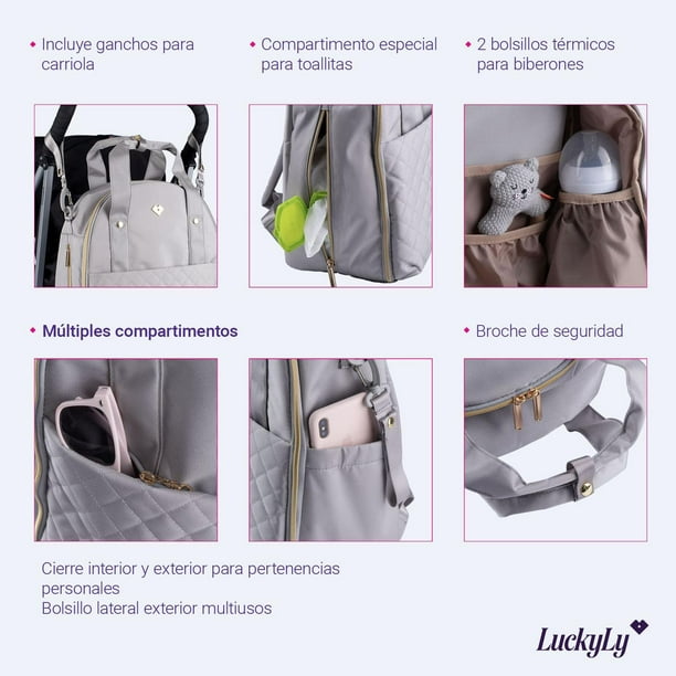 Panalera Mochila de Bebe Moderna LuckyLy con Multiples Compartimentos Incluye Cambiador Modelo Evie gris UNITALLA LuckyLy Mochila Panalera para Bebe de Moda Walmart en linea