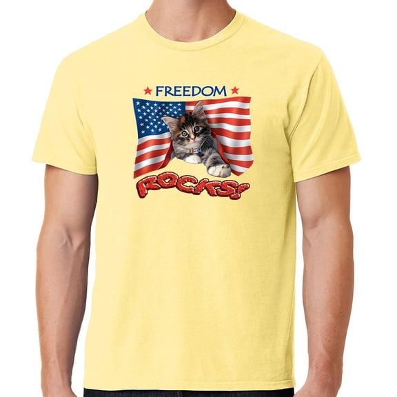 Mens Freedom Rocks Patriotic Kitten Cotton Tee Shirt, XL Popcorn Yellow