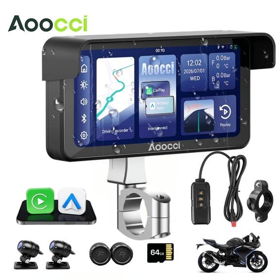 Aoocci C6 Pro 6.25" Dual 1080P Motorcycle Dash Cam, GPS Navigation Screen, Wireless CarPlay & Android Auto, Tire Pressure Monitor Sensor TPMS, IP67