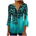 thumbnail image 2 of JTZGDY Womens Button Henley Shirts Casual Boho Floral Printed Summer 3/4 Bell Sleeve V Neck Pleated Curved Hem Blouse Loose Fit Dressy Tunic Tops Green#05 S, 2 of 6