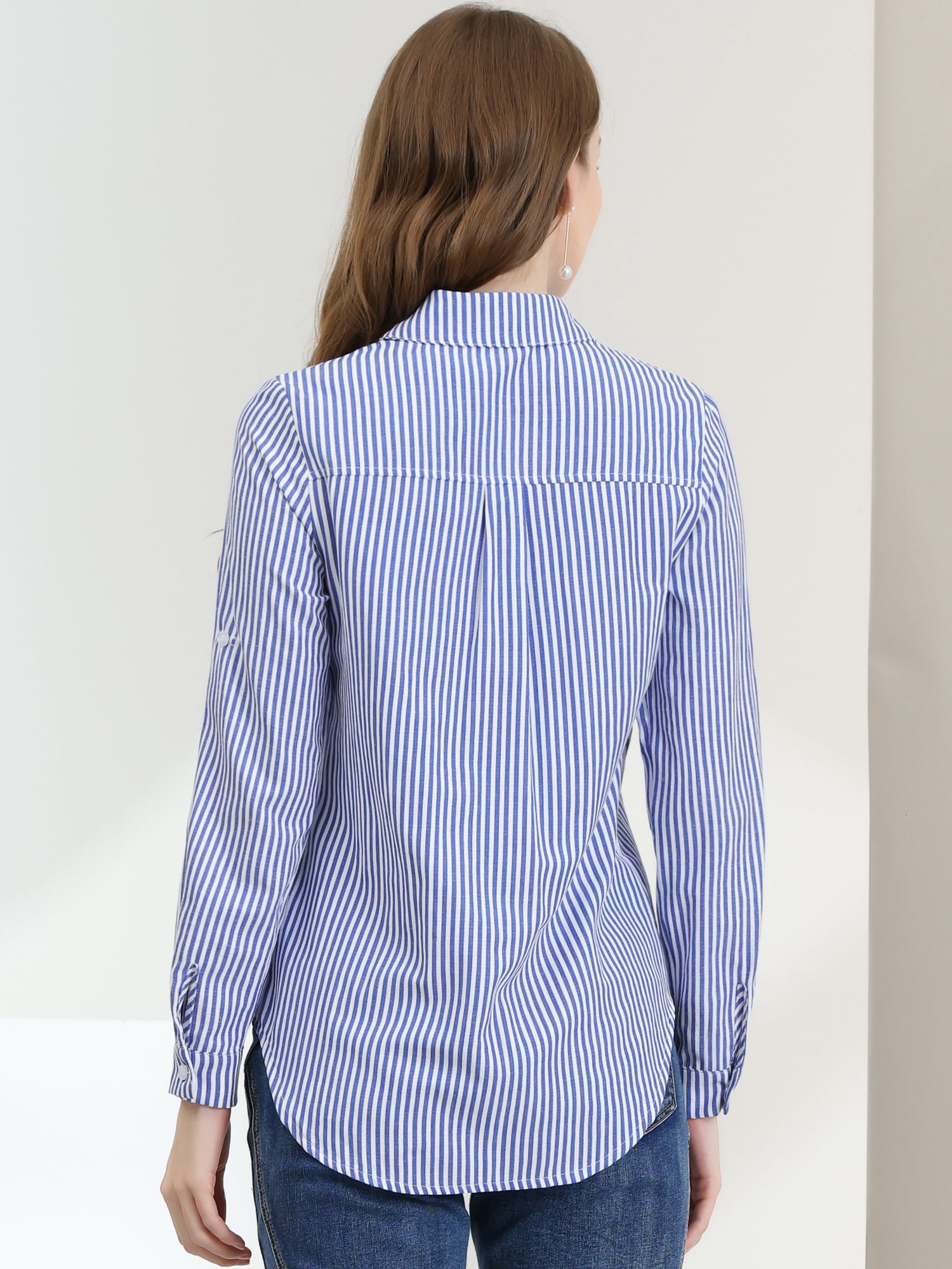 DARING DIVA Women's Button Down Long Sleeve Vertical Stripes Shirt L Blue