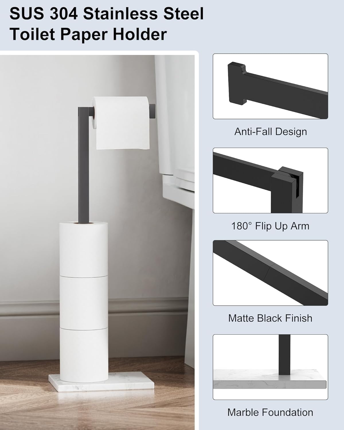 Free Standing Toilet Paper Holder Stand Matte Black SUS 304 Stainless Steel Rustproof 22 Inch Rotating Bathroom Tissue Roll Holder for 4 Rolls with Marble Base