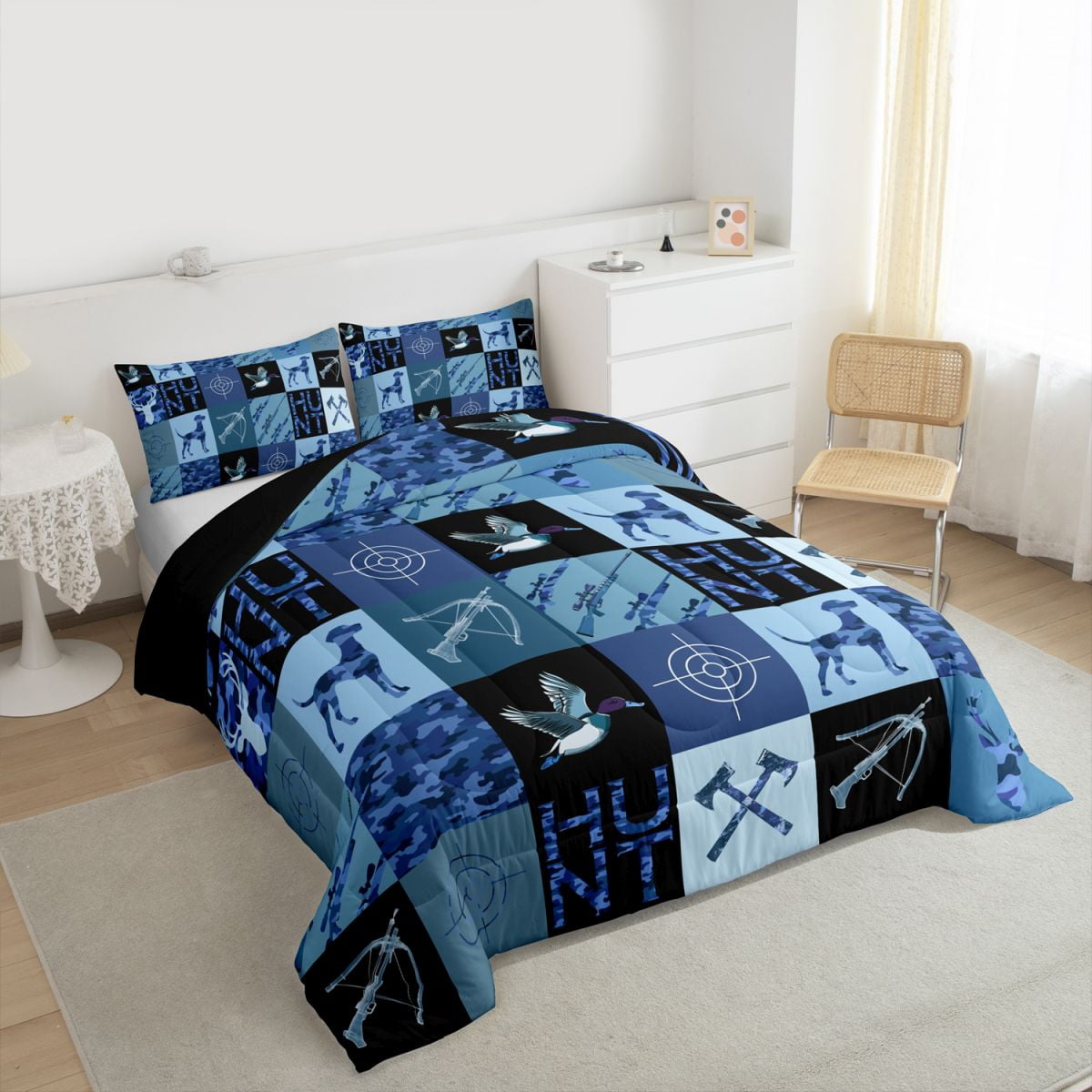 Manfei Farmhouse Dog Duck Queen Comforter Set, Hunting Wildlife Bedding Sets, Blue Rustic Camouflage Reversible Bedding Comforter Set, Lightweight Room Decor, 3-Piece