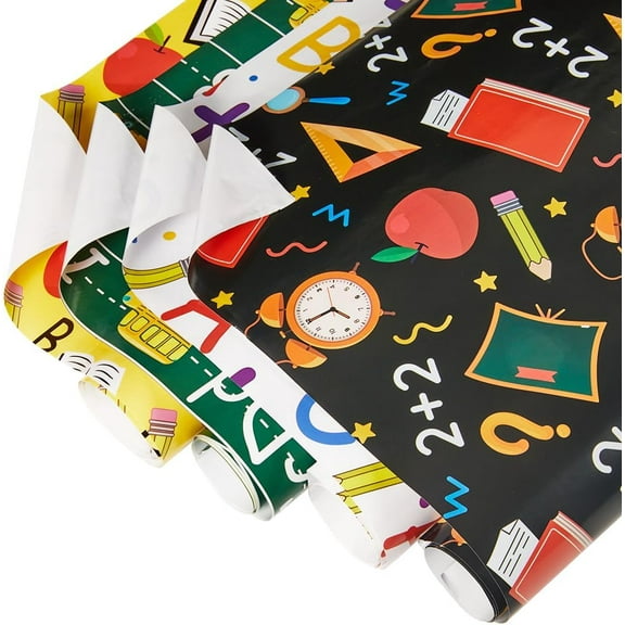 12Pcs 4 Styles Back to School Wrapping Paper Roll Pencil Gift Wrap Paper ABC Apples Bus Book Pattern DIY Craft Art Papers Folded for First Day of School Classroom Party Gift Packing 27x20inch