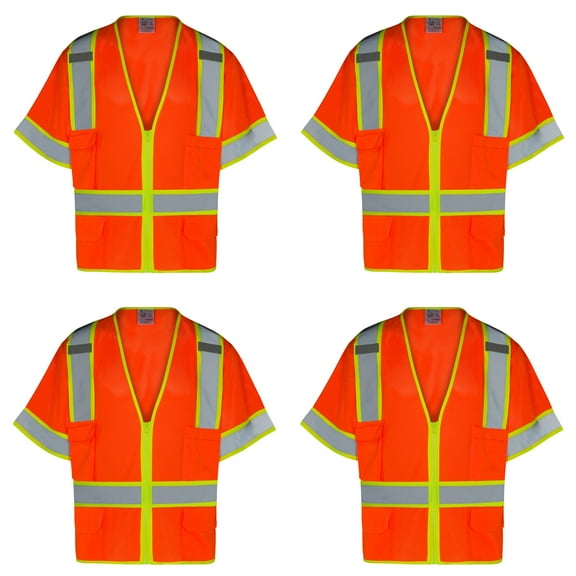 4Pack Everyday ANSI Class 3 with Contrast with 6 Pockets Short Sleeve Zipper Vest (ORANGE)