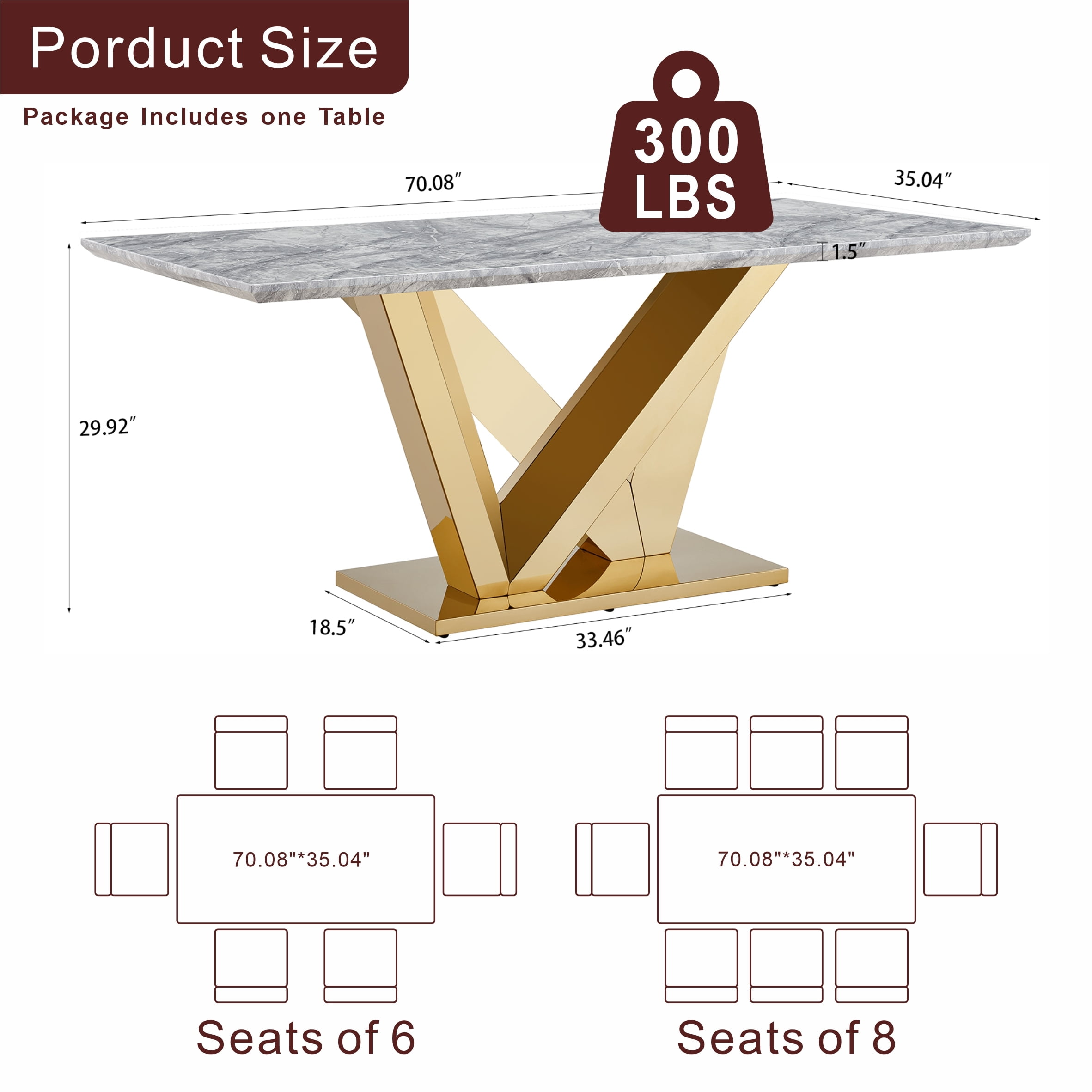 Shikeyi 70" Marble Dining Table for 6-8, Modern Luxury Gold Rectangular Large Kitchen Table, Marble Grain MDF Tabletop & Stainless Steel Base for Kitchen Dining Room, Grey (Table Only)