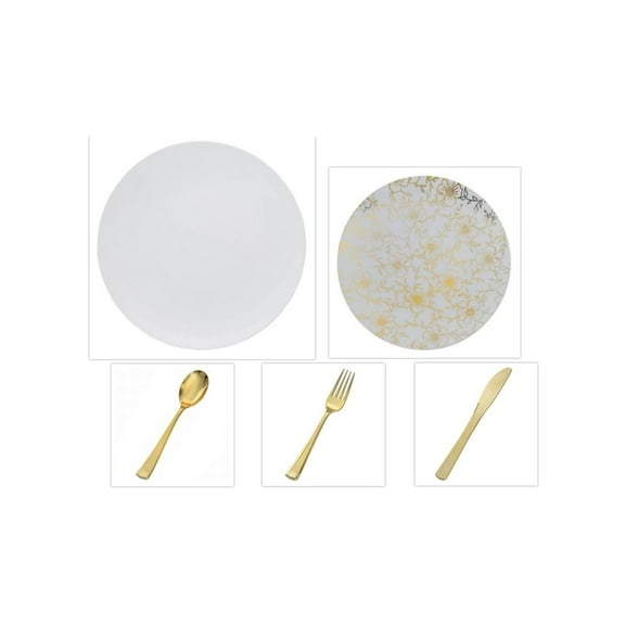Versa Design Collection White 10.25" Dinner Plastic Plates White w/ Gold Floral 8" Salad Plastic Plates Gold Cutlery *Party of 120*