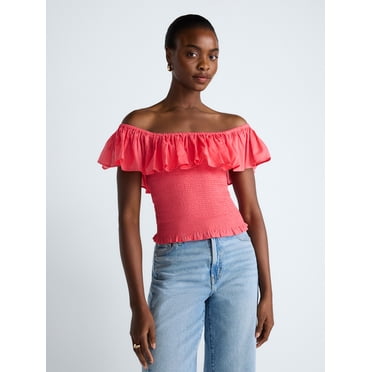 Scoop Women’s and Women’s Plus Off-the-Shoulder Smocked Ruffle Cotton Top, Sizes XS-4X