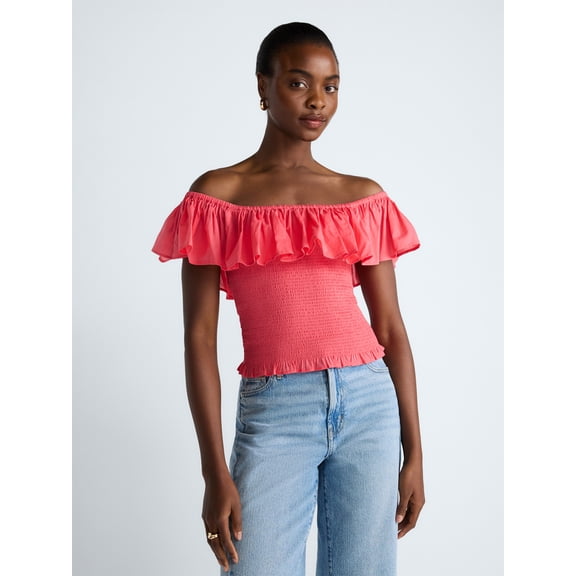 Scoop Women’s and Women’s Plus Off-the-Shoulder Smocked Ruffle Cotton Top, Sizes XS-4X