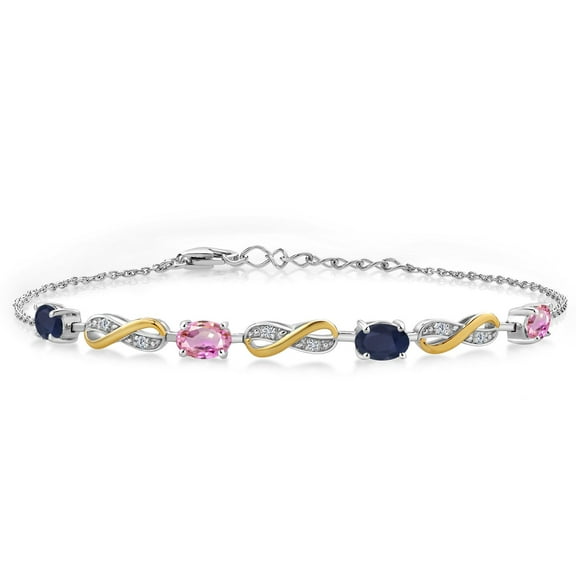 Gem Stone King 2.36 Ct Oval Blue Sapphire Pink Sapphire 925 Silver and 10K Yellow Gold Lab Grown Diamond Infinity Bracelet for Women Mother's Mom Wife Her, Fully Adjustable up to 7.5 inch)