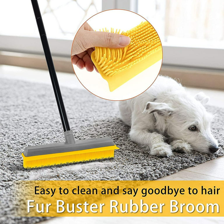 Rubber Broom Carpet Rake for Pet Hair Removal, Fur Remover Broom with 59 Telescoping Long Handle, Pet Hair Broom with Squeegee for Carpet, Hardwood