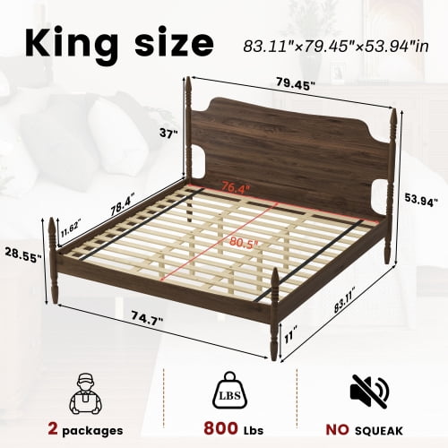 King Size Walnut Spindle Platform Bed with Curved Tall Headboard, Retro Four Poster, No Box Spring Needed