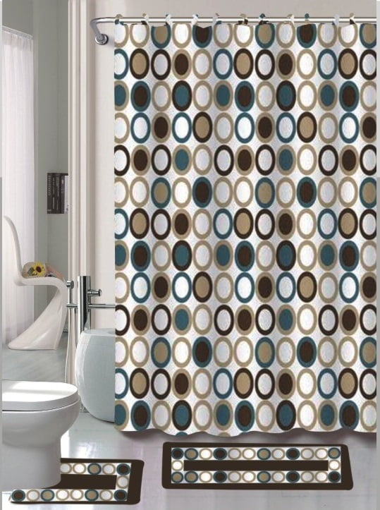 Sami Brown & Blue Circle 15-Piece Bathroom Accessory Set: 2 Bath Mats, Shower Curtain & 12 Fabric Covered Rings