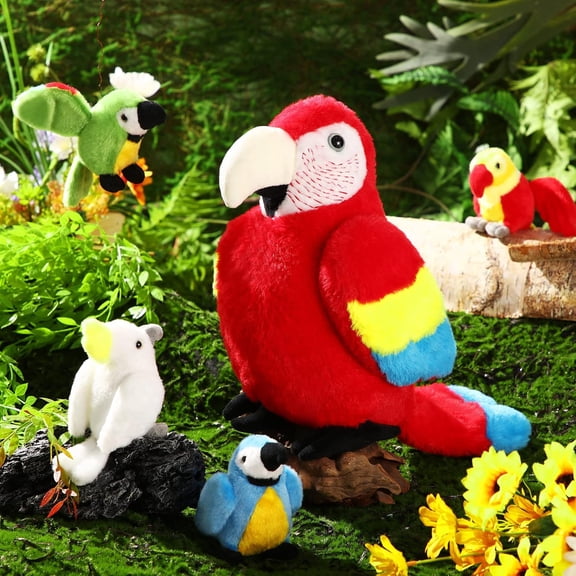 5 Pcs Macaw Parrot Plush Set 13 Inch  Parrot with 4  Birds Soft Cuddly Stuffed Animals for Toddlers and Parties (Red Series)