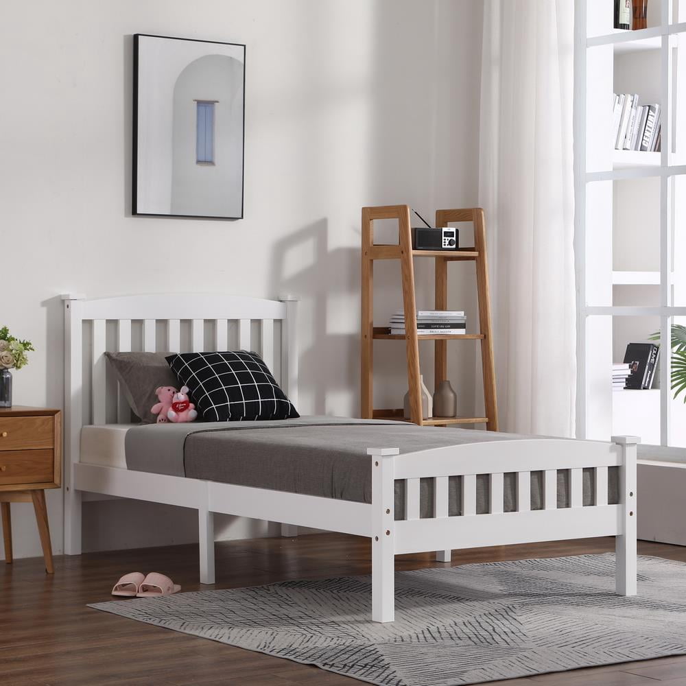 SamyoHome Twin Bed Solid Pine Wooden Bed Frame Wood Slats ,White Single