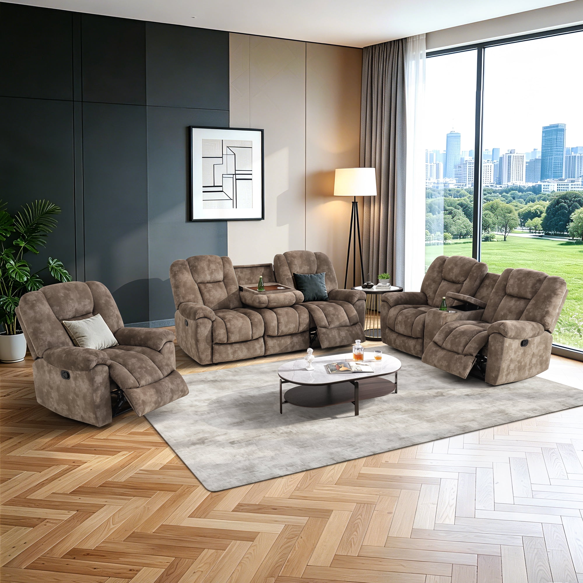 Gewnee 1+2+3‑Piece Manual Recliner Sofa Set, Velvet Upholstered Couch with Flip‑Down Cup Holders & Hidden Storage, Multifunctional Living Room Furniture, Brown