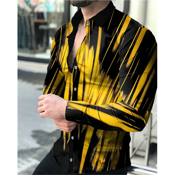Camisa de fiesta para hombre 2024, camisa de solapa con botones para hombre, camisa de manga larga con impresión 3D, ropa informal de diseñador de calle
