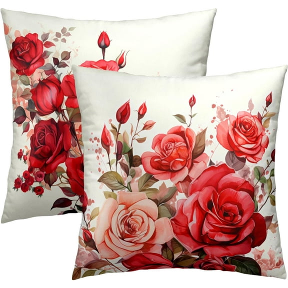 Red Roses Throw Pillow Covers 18x18 Inch Set of 2, Valentine''s Day Decorative Pillow Case Beautiful Bouquet Flower Cushion Cover for Couch Sofa Wedding Anniversary Decor Gift