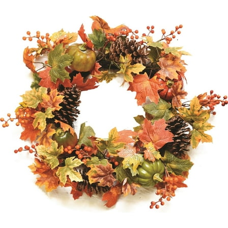 20" Autumn Harvest Decorative Artificial Fall Leaves Pinecones Pumpkins and Berries Wreath - Unlit