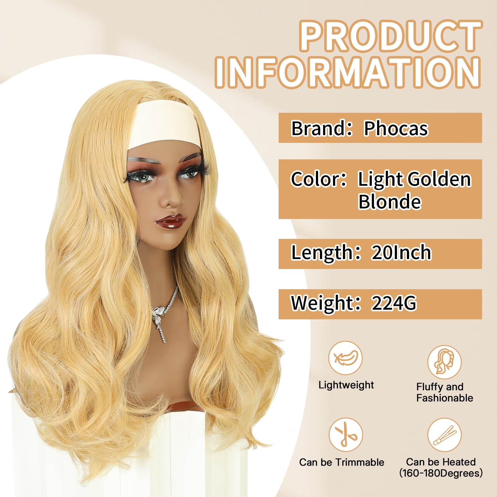 Phocas Headband Wig for Women Shoulder Length Blonde Wavy Wigs Natutal Looking for Daily Party Use