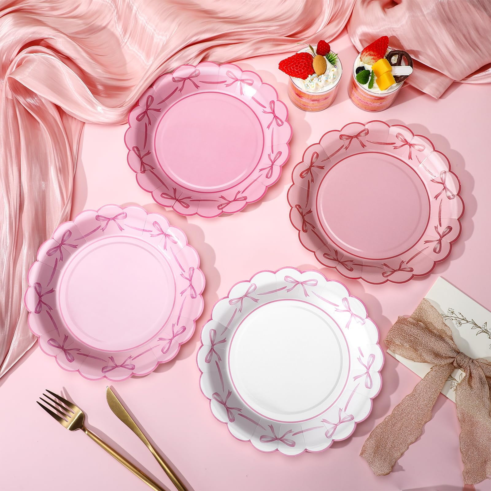 Havawish 100 Pcs Pink Bow Paper AFN1Plates 9'' Scalloped Bowknot Disposable Plate Coquette Birthday Decoration Dinner Supplies for Bachelorette Bridal Engagement Wedding Baby Shower(Bow)