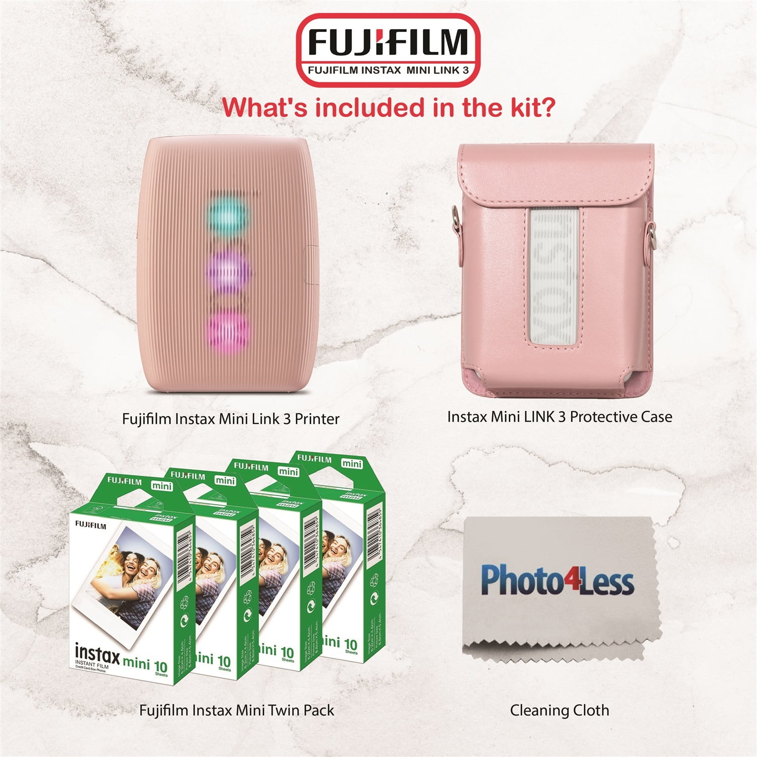 Fujifilm Instax Mini Link 3 Printer (Rose Pink) Bundle with Fujifilm Instax Mini film (40 sheets), Mini LINK 3 Protective Case